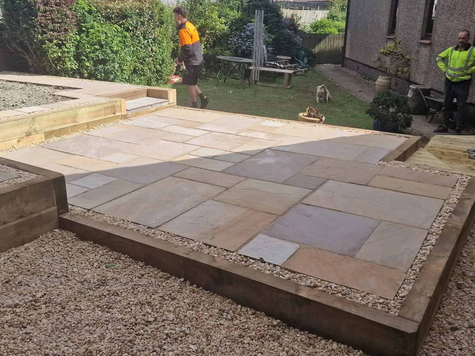 A sandstone, porcelain or block paving patio built by Amber and Sisters